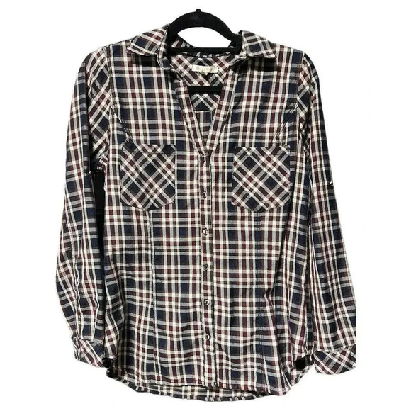 Skies Are Blue‎ Women's V-Neck Maroon Navy Plaid Shirt Roll Tab Sleeve Size M - Picture 3 of 11